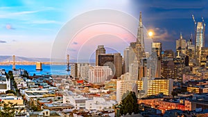 Day to night timelapse timeslice San Franciso panorama with full