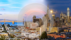 Day to night timelapse timeslice San Franciso panorama with full moon