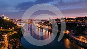 Day to night view of the historic city of Porto, Portugal timelapse with the Dom Luiz bridge