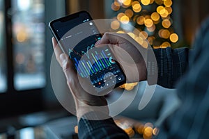 Day trader using trading app on smartphone checking stock market data