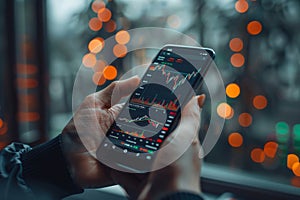 Day trader using trading app on smartphone checking stock market data