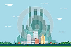 Day Urban Landscape City Real Estate Summer Background Flat Design Concept Icon Template Vector Illustration