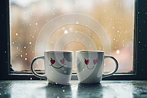 day valentines concept friendship relationship hearts coffee cup cuddle sill window couple mug face similing Happy