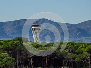 Day view of the control tower of El Prat airport in Barcelona. Catalonia