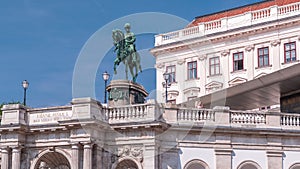 Day view of equestrian statue of Archduke Albert in front of the Albertina Museum timelapse in Vienna, Austria