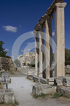 Day view of Hadrian library ruins site in Athens, Greece