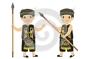 Dayak Boy Holding Spear Cartoon Vector Collection