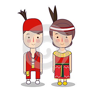 Dayak central Kalimantan traditional national clothes of Indonesia. Set of cartoon characters in traditional costume