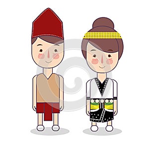 Dayak couple traditional national clothes of Indonesia. Set of cartoon characters in traditional costume. Cute people