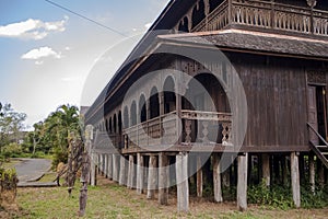 Dayak Experience Center Kutai Kartanegara, a Dayak tribal house with beautiful carvings typical of the Dayak tribe.