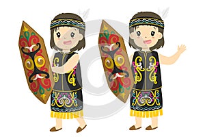 Dayak Girl Holding Traditional Shield Cartoon Vector Collection