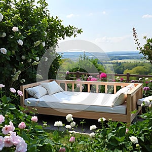 Daybed in a serene garden surrounded by green foliage blooming flowers and a scenic viewModern Scandinavian style daybed with pale photo