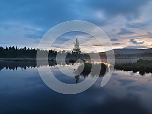 Daybreak autumn lake with mirror water level in mysterious forest, young tree on island in middle. Fresh green color of herbs