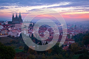 Daybreak in the capital of Czech Republic, Prague. The old city, including the Prague Castle and Vltava river