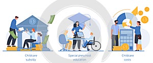 Daycare financial help abstract concept vector illustration set. Special education preschool, childcare expenses and