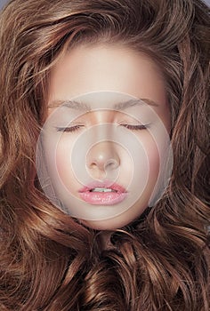 Daydream. Pensive Fresh Woman's Face with Closed Eyes and Curly Hair