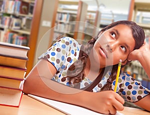 Daydreaming Hispanic Girl Student with Pencil and Books Studying