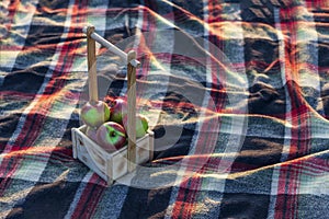 Daylight. a basket of wood with red apples. Checkered cinnamon plaid, blanket, lies on the grass