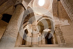 Daylight from ceiling of historical Jameh Mosque of Isfahan, Iran. Example of Islamic culture