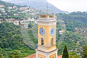 Daylight foggy view to Our Lady of the Assumption Church Clock T