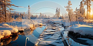 In the daylight, the frozen river looks like a snowy alley leading to a mysterious ice wor