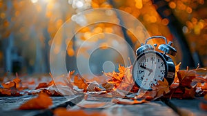 Daylight Saving Time: Alarm Clock and Autumn Leaves on Wooden Table