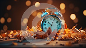 Daylight Saving Time. Alarm clock and orange color leaves on wooden table. Autumn time. Fall time change. Autumn leaves fall and