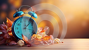 Daylight Saving Time. Alarm clock and orange color leaves on wooden table. Autumn time. Fall time change. Autumn leaves fall and