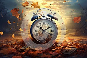 Daylight Saving Time. Alarm clock and orange color leaves on wooden table. Autumn time. Fall time change. Autumn leaves fall and