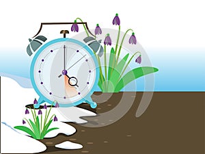 Daylight saving time banner. Clocks move forward. Bluebell blossom and melting snow. Spring clock change concept.