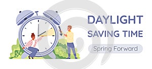 Daylight saving time banner. People change hands of the clock forward an hour during the dst period.
