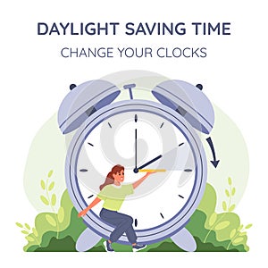 Daylight saving time banner. Woman changes he hands of the clock forward an hour during the dst period.