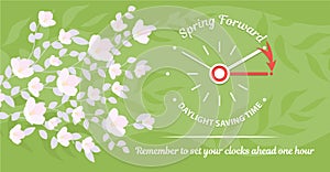 Daylight Saving Time begins concept banner. The clocks moves forward one hour reminder concept