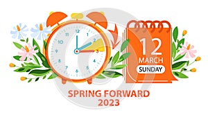 Daylight Saving Time Begins concept banner. Spring Forward Time. Change clocks ahead
