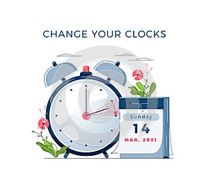 Daylight Saving Time begins concept. The clocks moves forward one hour. DST begins in USA. Flat design vector