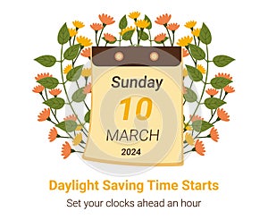 Daylight Saving Time begins concept in March 2024. DST starts in USA poster for reminder. Flat design vector illustration with
