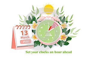 Daylight saving time begins at march 13, 2022 concept. Alarm clock and calendar date