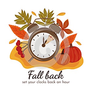 Daylight Saving Time concept. Autumn landscape with text Fall Back, the hand of the clocks turning to winter tim