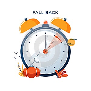 Daylight Saving Time concept. Autumn landscape with text Fall Back, the hand of the clocks turning to winter time. DST