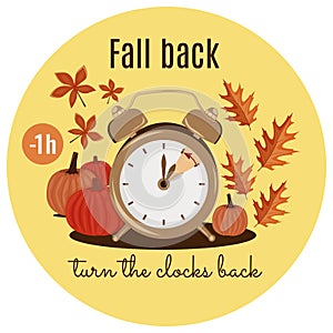 Daylight Saving Time concept. Autumn landscape with text Fall Back, the hand of the clocks turning to winter time. Pumpkins and