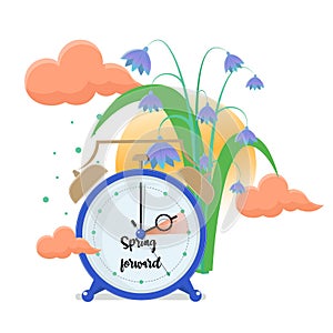 Daylight saving time concept. Clocks move forward. Bluebells and sun near the clock. Spring clock change.