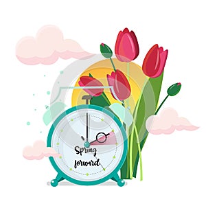 Daylight saving time concept. Clocks move forward. Tulips and sun near the clock. Spring clock change.