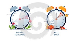 Daylight Saving Time concept. Set of alarm clocks, text fall back, spring forward . Landscapes collection, the clocks