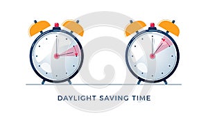 Daylight Saving Time concept. Set of alarm clocks with text. The hand of the clocks turning to winter or summer time