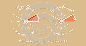 Daylight Saving Time concept. Set of graphic minimalist clocks with fall back time and spring forward