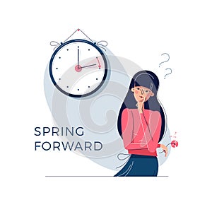 Daylight Saving Time. Confused woman is looking at the clock. Summer time concept. Text spring forward. The hand of