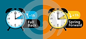 Daylight saving time date question. Colorful winter time and summer time alarm clocks set. Fall back and spring forward. photo