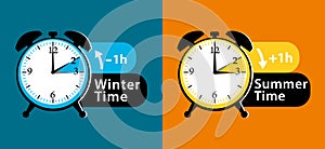 Daylight saving time date question. Colorful winter time and summer time alarm clocks set. Colorful illustration.