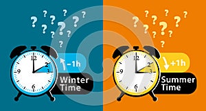 Daylight saving time date question. Colorful winter time and summer time alarm clocks set. Colorful illustration.