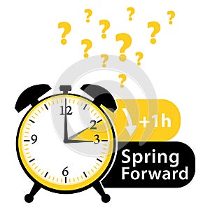 Daylight saving time date question. Spring forward. Colorful summer time alarm clock. Colorful illustration.